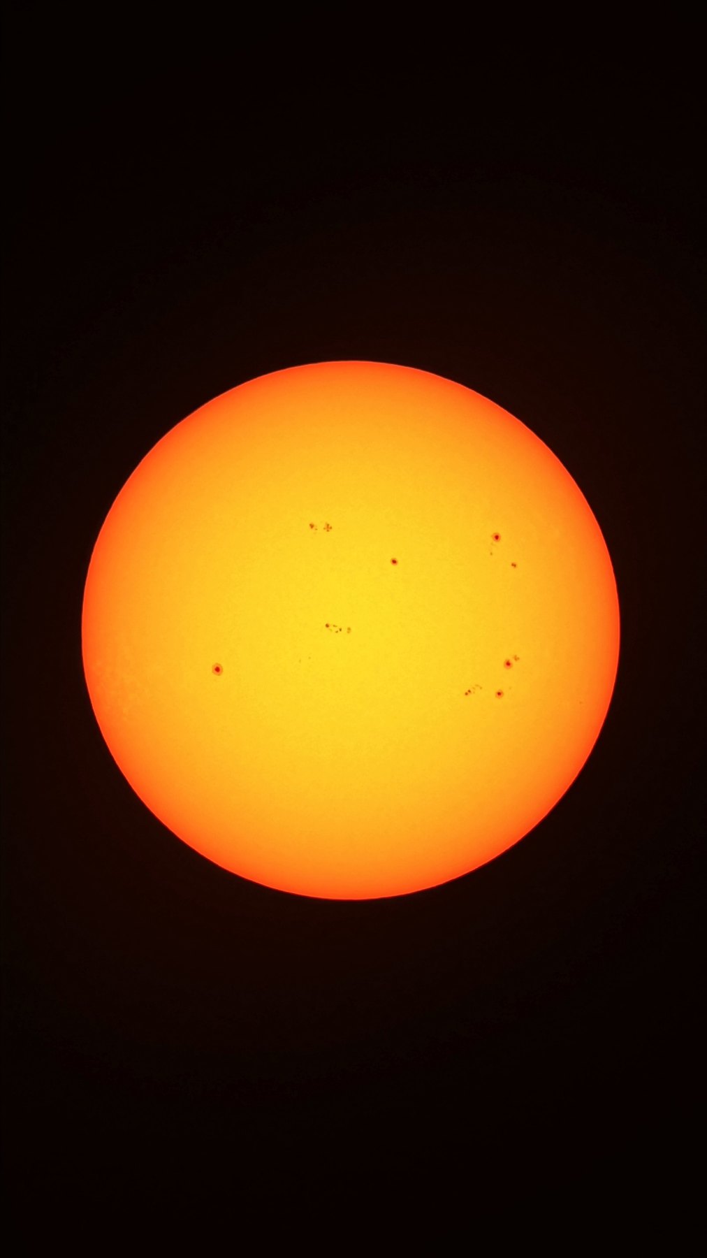 The Sun through a solar filter, showing several sunspot groups