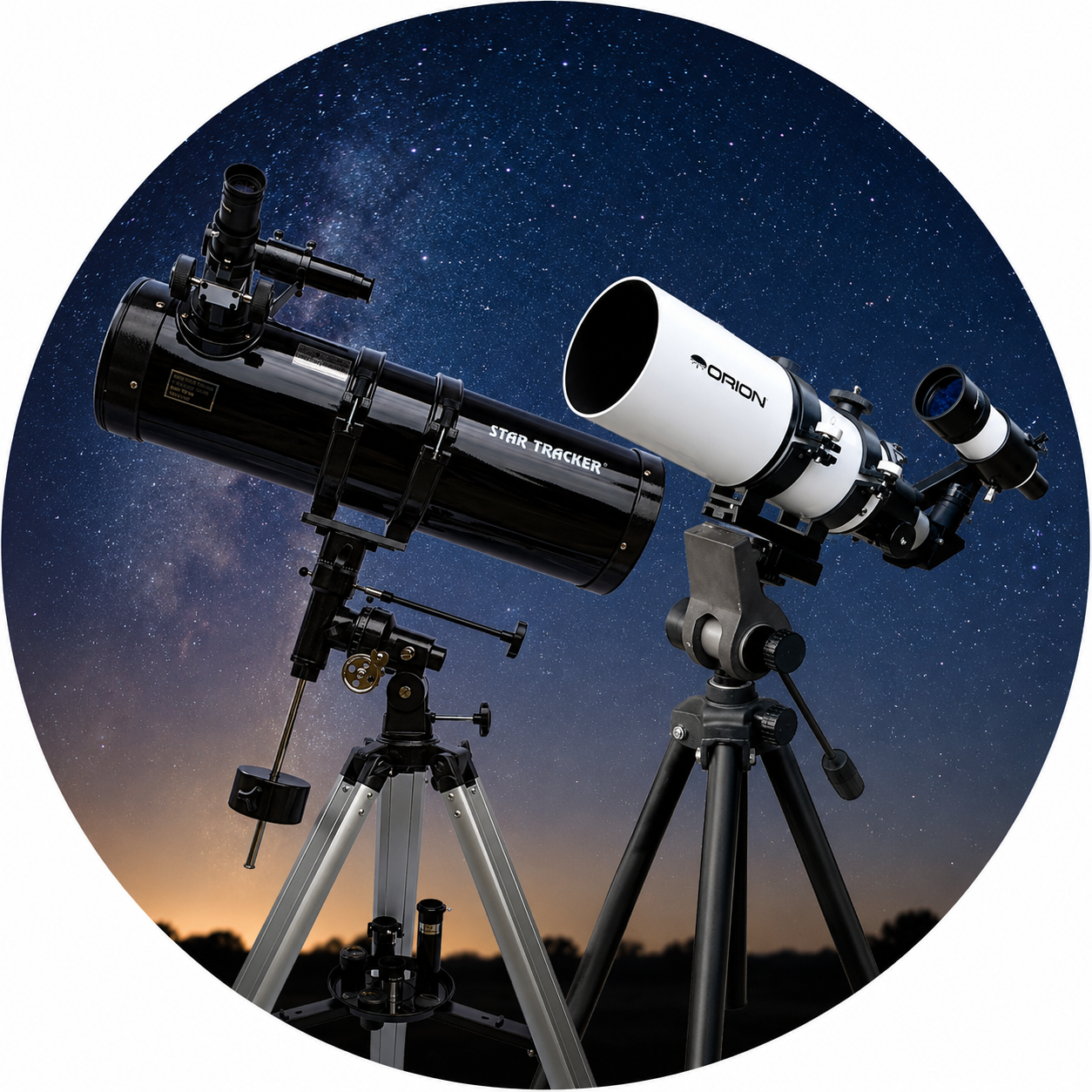Reflector and refractor telescopes set up under a starry night sky